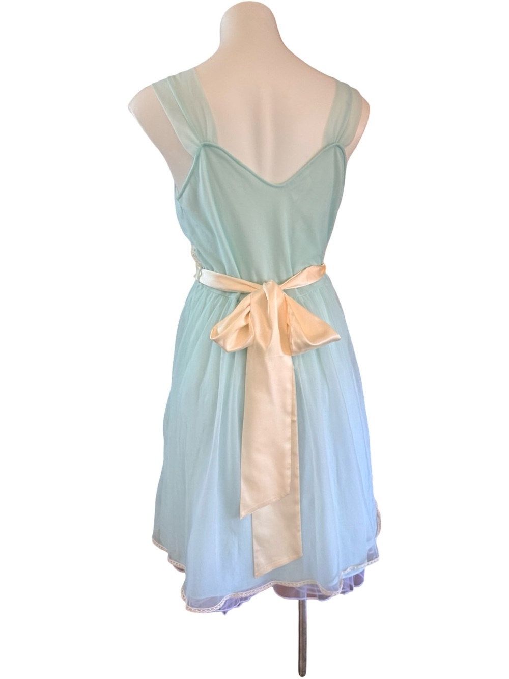Miss Elaine Vintage Mint Blue Chiffon Lace Nightgown Medium 1960s Babydoll - Picture 5 of 12